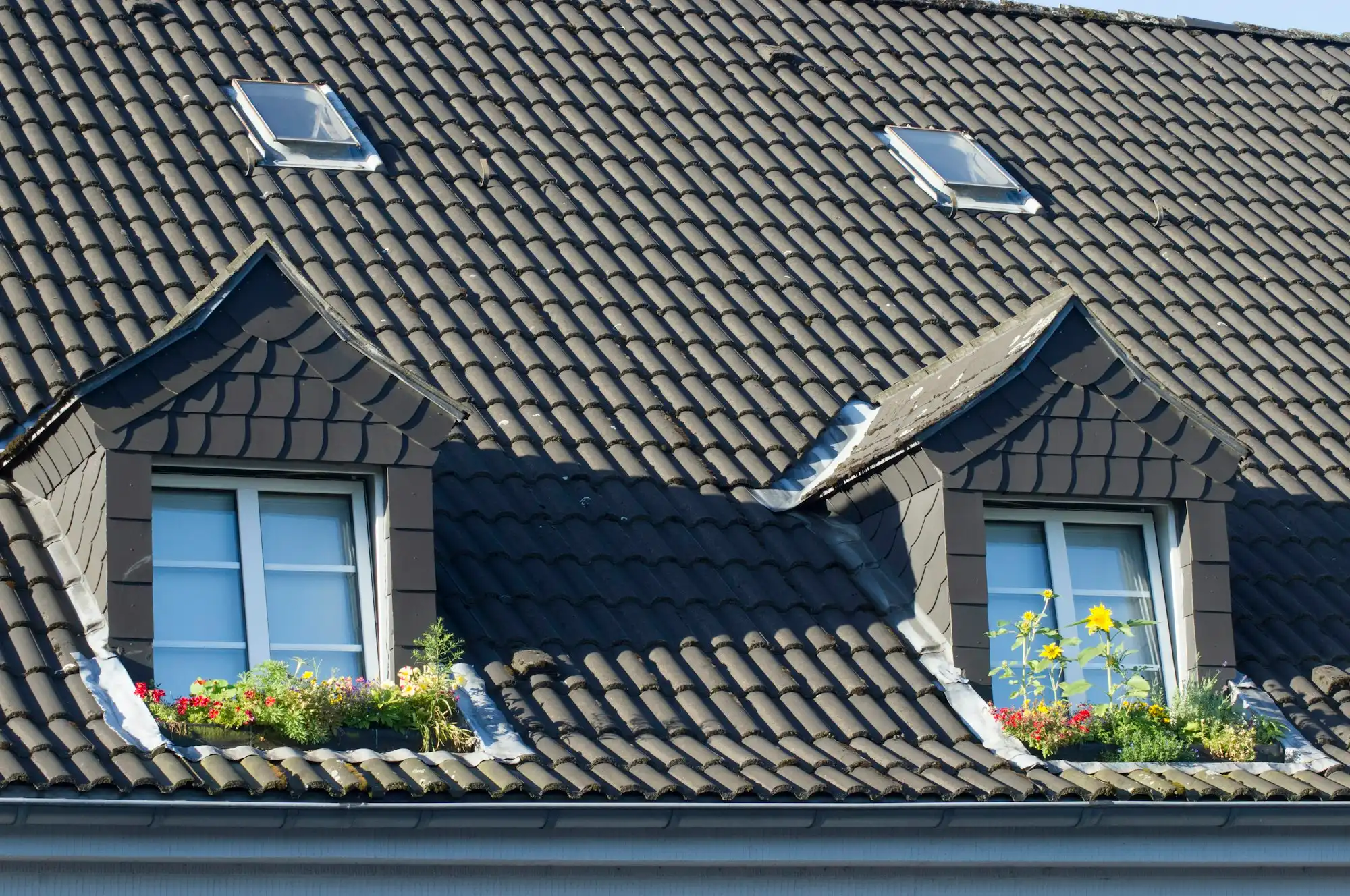 Steildach mit dunklen Ziegeln und Gaupen bei der Besichtigung
